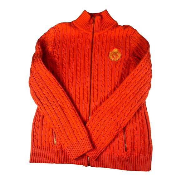 Vintage Lauren Ralph Lauren Full Zip Cable Knit Sweater Gold Embroidered Logo LG - Picture 1 of 9